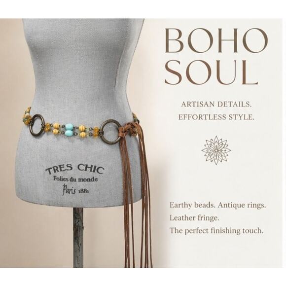 Boho Beaded Chain Belt Leather Fringe Turquoise Wood Beads Antique Gold Western main image 10